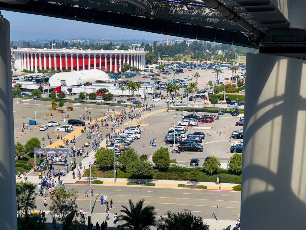 The Kia Forum arena as seen from inside SoFi Stadium.