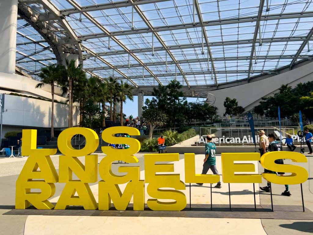 A Los Angeles Rams sign at the entrance of SoFi Stadium.