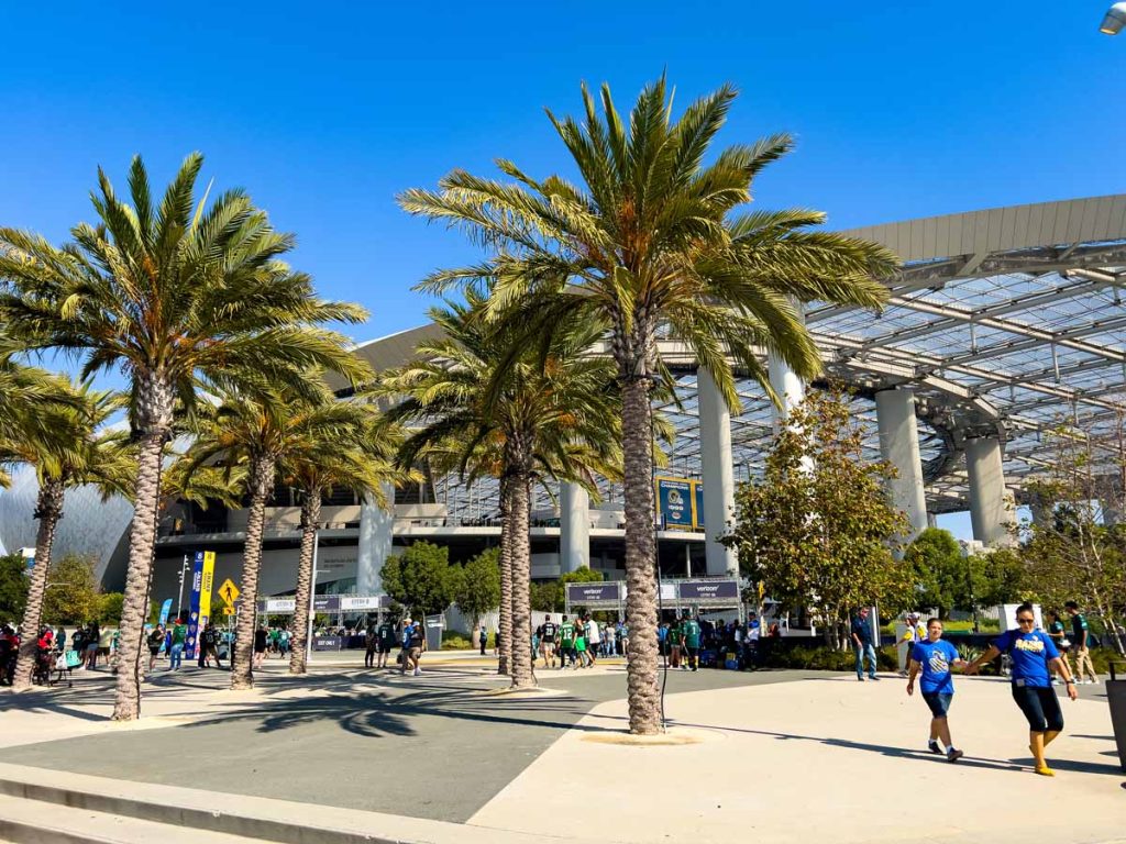 Palm Trees grow outside SoFi Stadium in Los Angeles, CA.