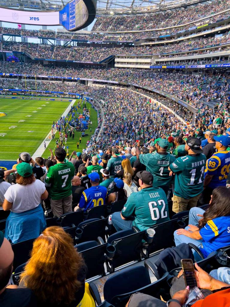 Lots of Philadelphia Eagles fans wear green while on a sports road trip to Los Angeles for a Rams game.