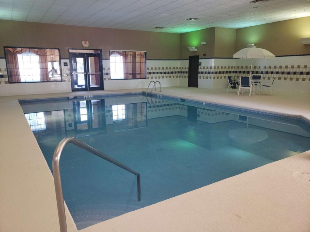The indoor swimming pool at the Hampton Inn East Aurora Hotel, near Highmark Stadium.