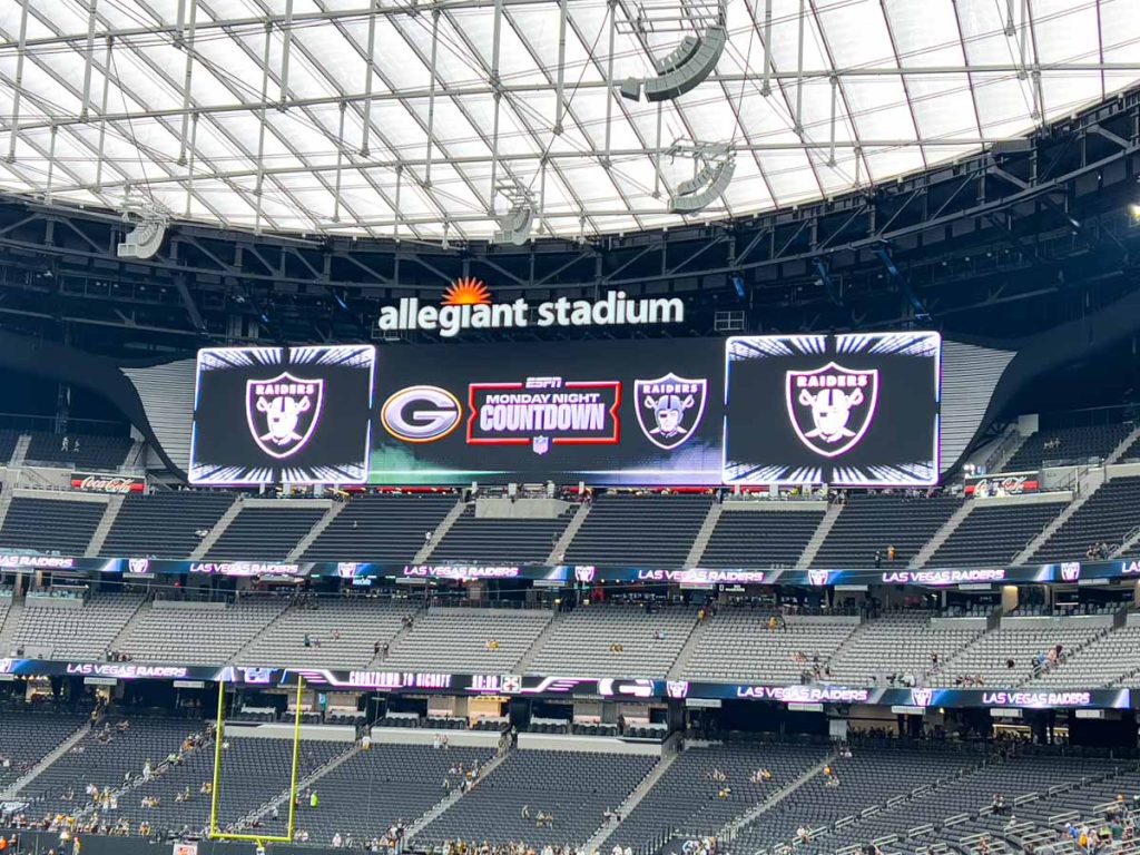 The scoreboard at Allegiant Stadium hypes up Monday Night Football before the primetime game.