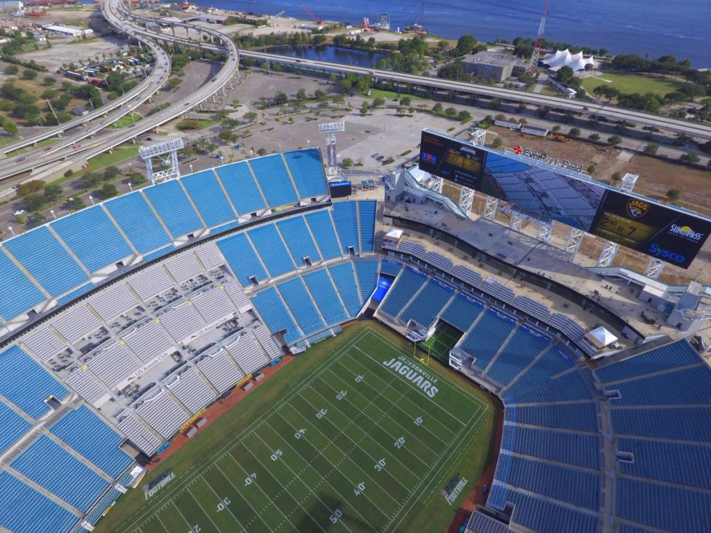 an aerial view of the NFL Jacksonville Jaguars football stadium - Everbank Stadium.
