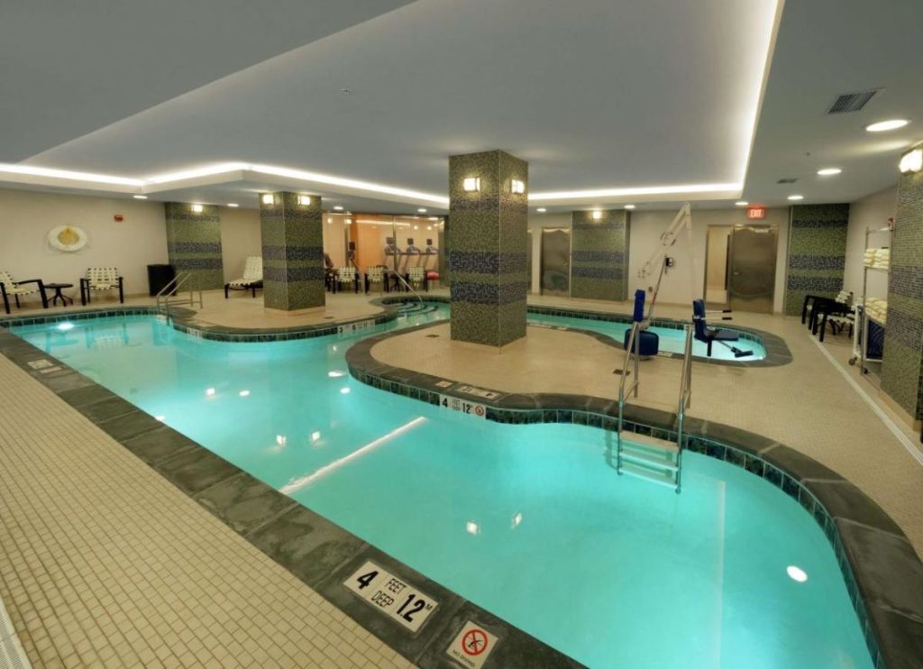 The indoor swimming pool at the downtown Buffalo Hilton Garden Inn hotel.