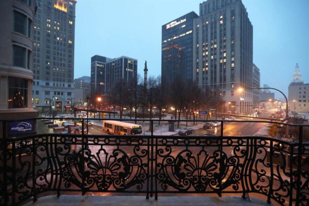 A hotel room overlooking downtown Buffalo at the Hotel at the Lafayette.