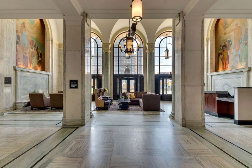 The elegant interior of the Drury Plaza Hotel Cleveland Downtown.