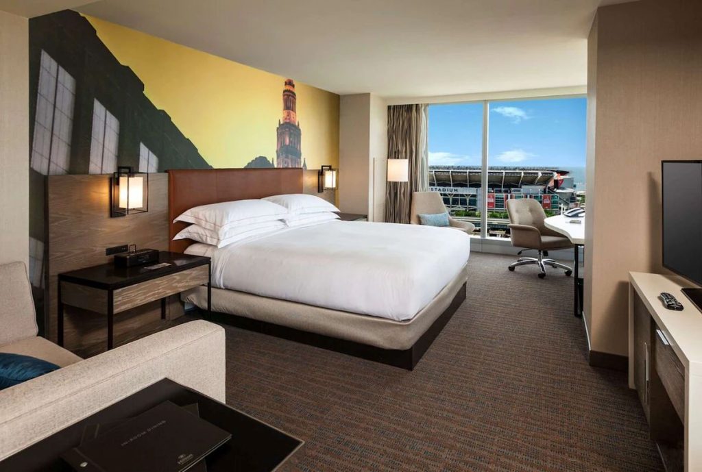 Guests of the Hilton Cleveland Downtown hotel can enjoy a view of Huntington Bank Field from their hotel room.