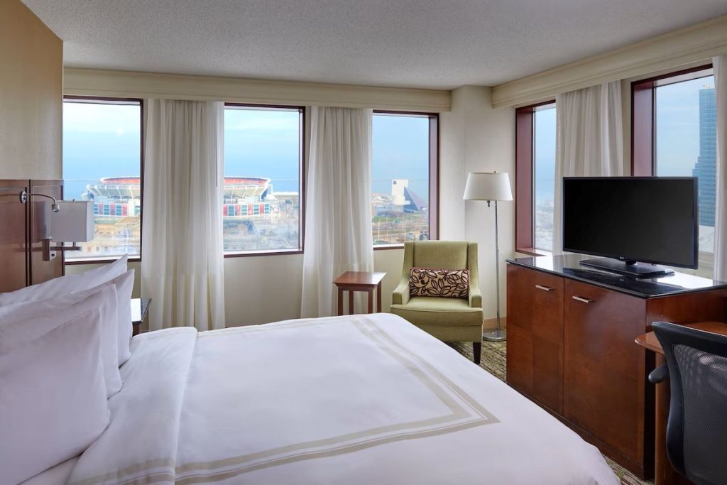 A guest room at the Marriott Downtown at Key Tower hotel has a view of the stadium where the Cleveland Browns play NFL football.