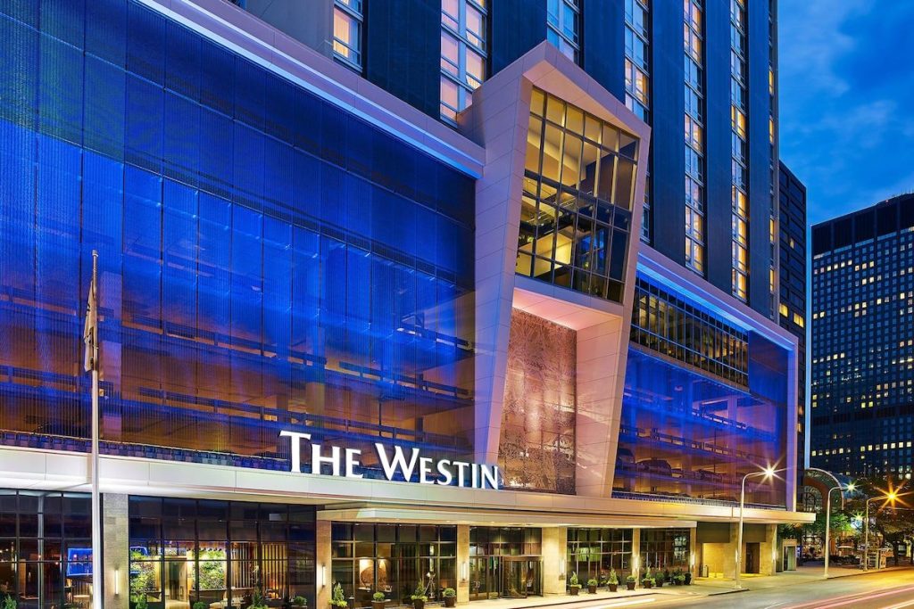 The classy exterior of the Westin Cleveland Downtown hotel near the Huntington Bank Field.