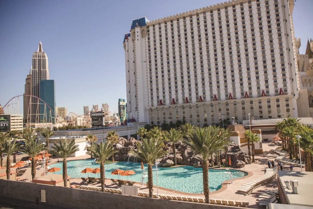 The swimming pool at the Excalibur Hotel in Las Vegas near the Allegiant Stadium.