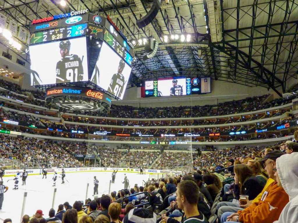 The crowd watches and NHL game at American Airlines arena.