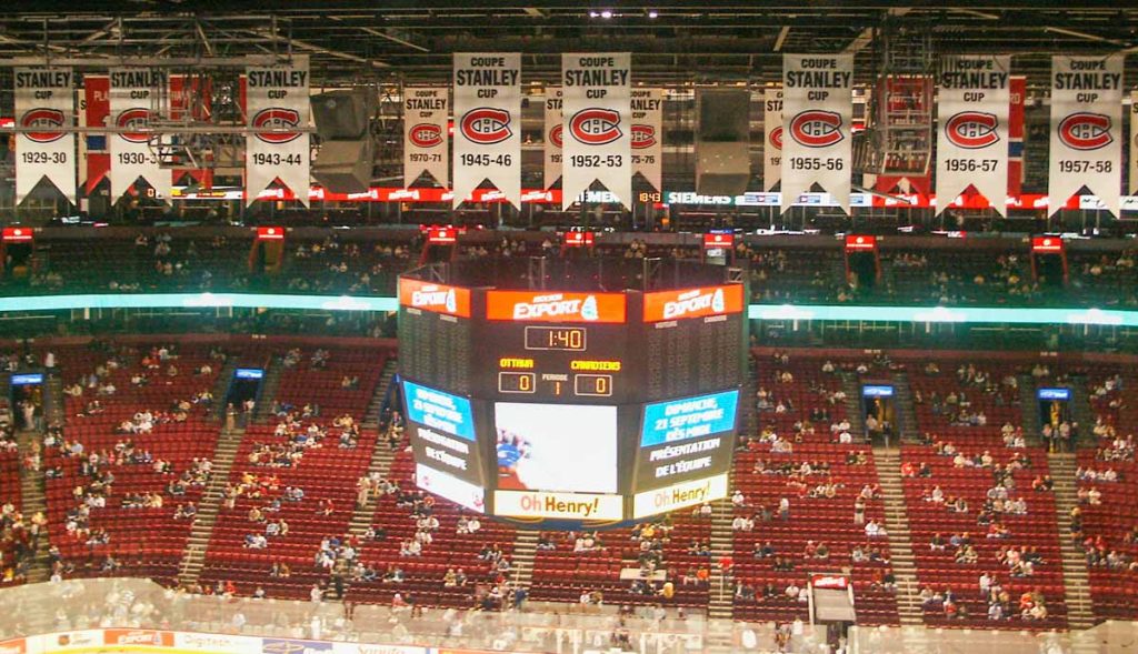 The Montreal Canadiens Stanley Cup Championship banners hang from the rafters at Bell Centre.