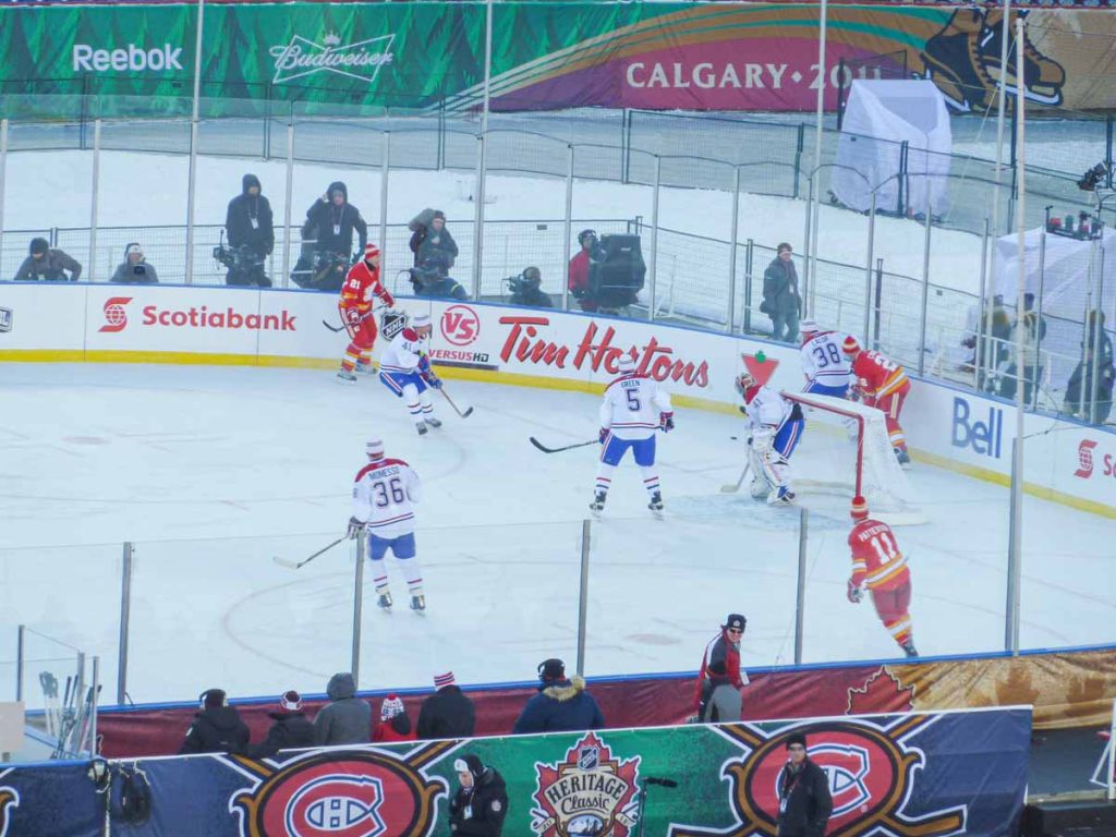 The Calgary Flames play the Montreal Canadiens in an outdoor NHL game at McMahon Stadium.