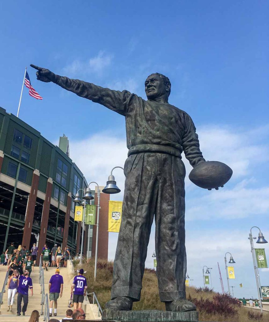 The iconic statue of Curly Lambeau outside the stadium which he was named after - Lambeau Field in Green Bay, Wisconsin. 