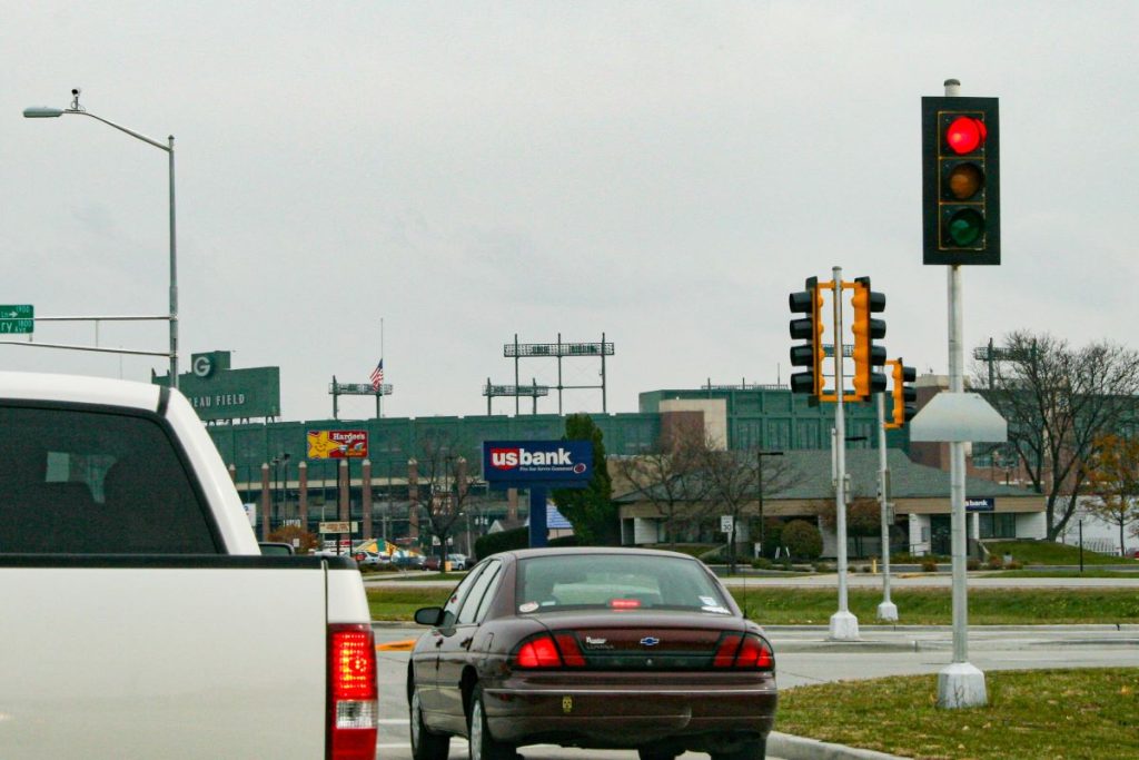 Non-game day traffic in front of Lambeau Field in Green Bay, Wisconsin.