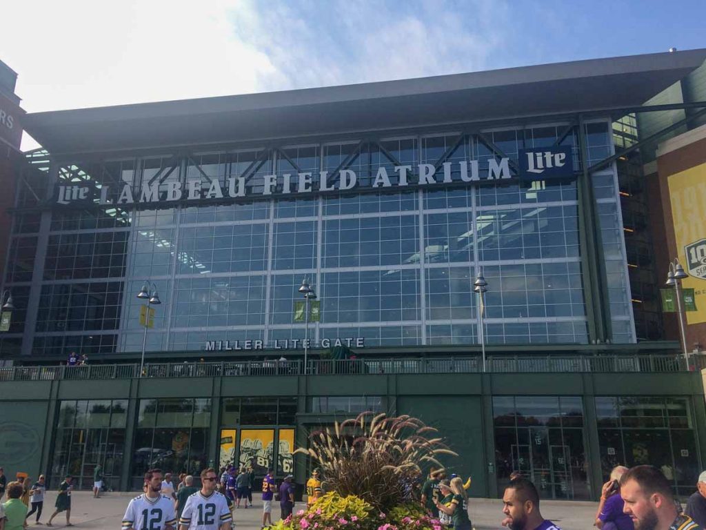 The exterior of the Lambeau Field Atrium in Green Bay, Wisconsin.