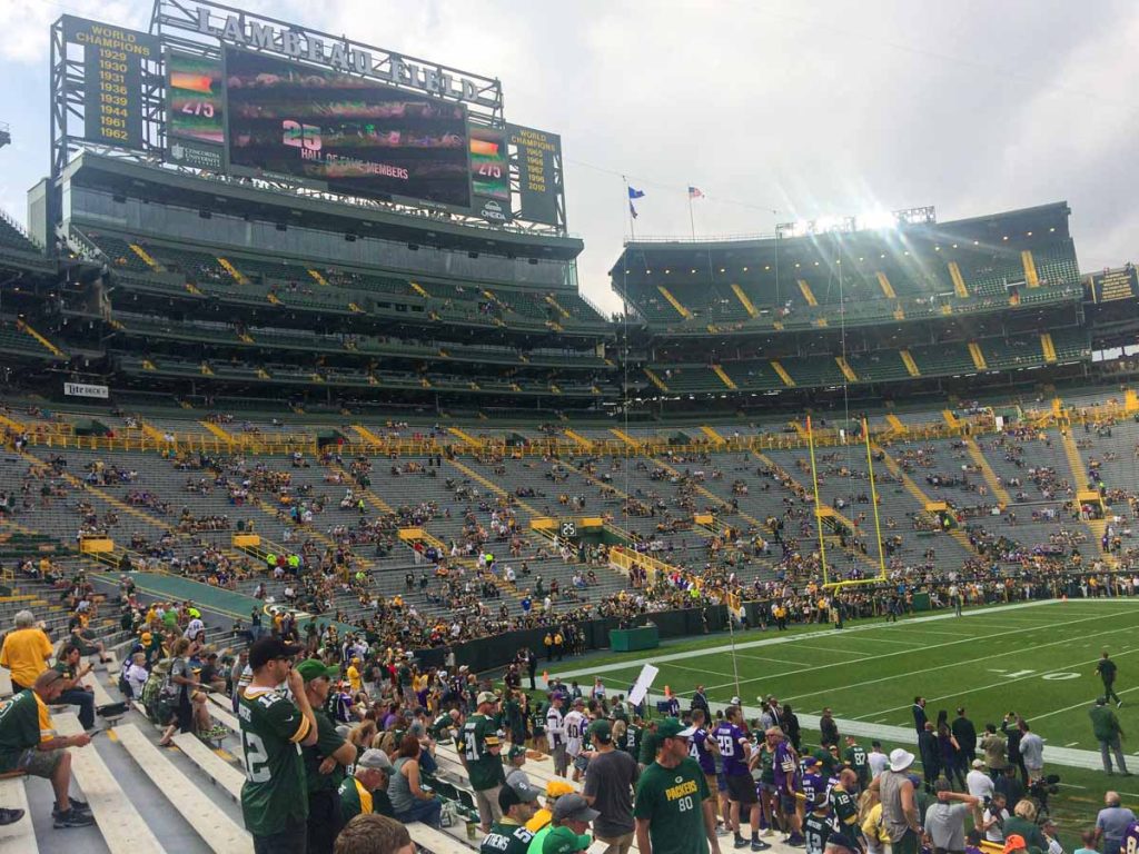 The corner and end zone sections at Lambeau Field in Green Bay, WI.