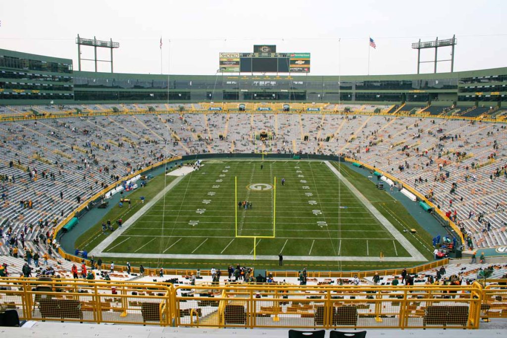 A view of Lambeau Field from the upper levels of the end zone.