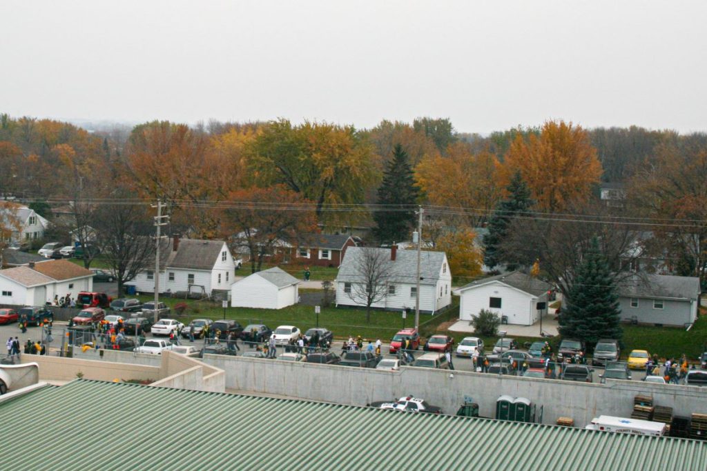 A view of the houses surrounding Lambeau Field taken from inside the stadium.