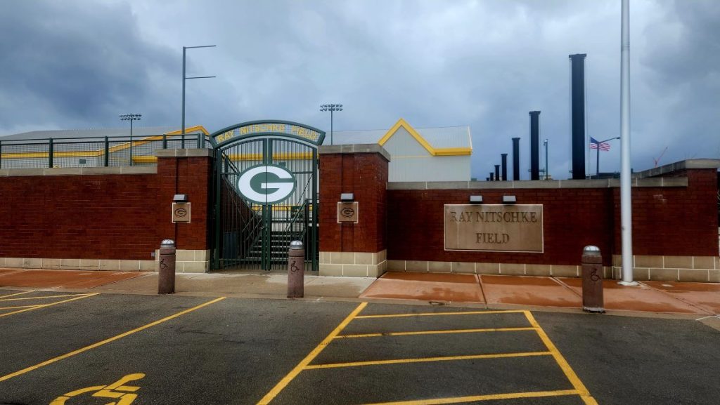 The exterior of the Ray Nitschke Field where the Green Bay Packers NFL team practices.