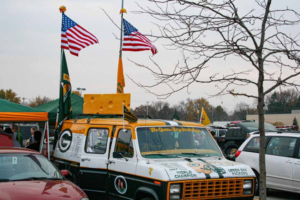 A van painted in Green Bay Packers team colors is used for tailgating at Lambeau Field before a Green Bay Packers home game.