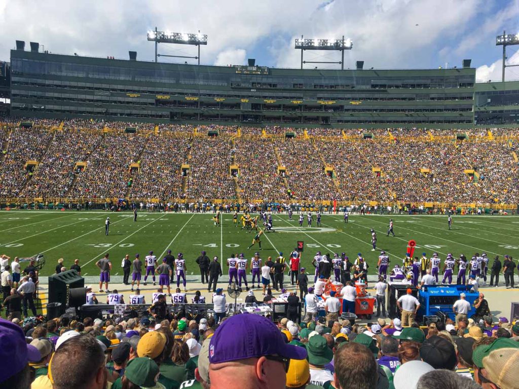 The view from my Green Bay Packers seats at Lambeau Field in Section 121, Row 18.