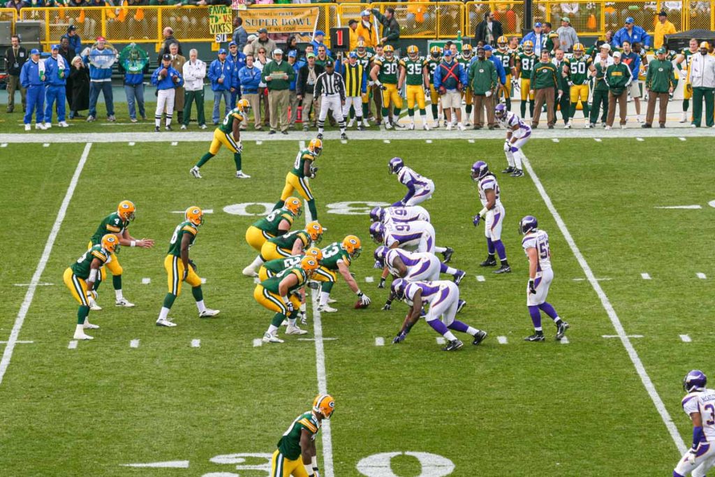 The view of the Packers vs Vikings NFL game at Lambeau Field from Section 123, Row 32.