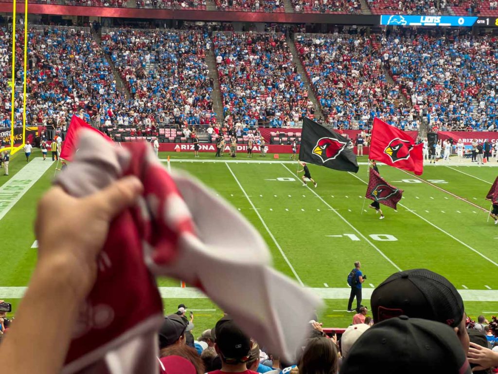 NFL fans cheer on as the Arizona Cardinals vs. Detroit Lions game at State Farm Stadium.