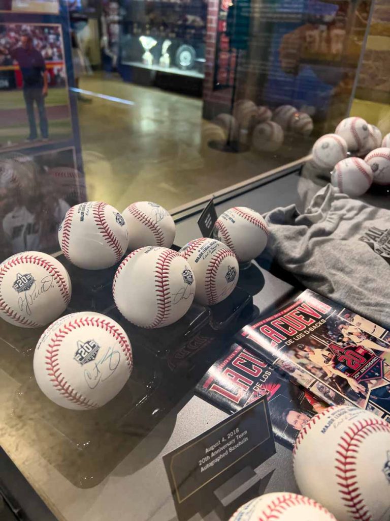 Baseballs and other memorabilia on display at the  Arizona Diamondbacks Hall of Fame in Chase Field.