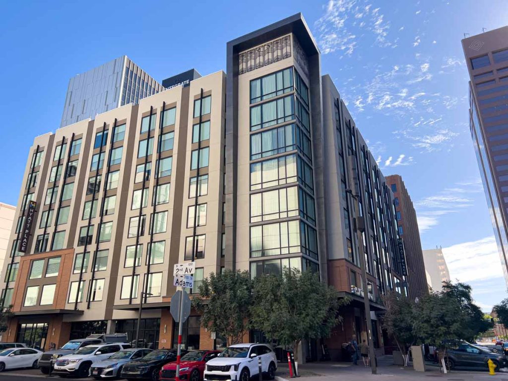 The exterior of the Hyatt Place Phoenix Downtown hotel.