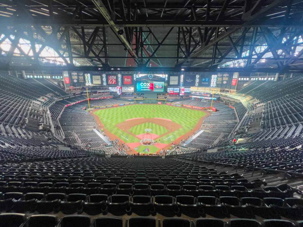 A view of the Arizona Diamondbacks stadium from the very last row behind home plate at Chase Field.