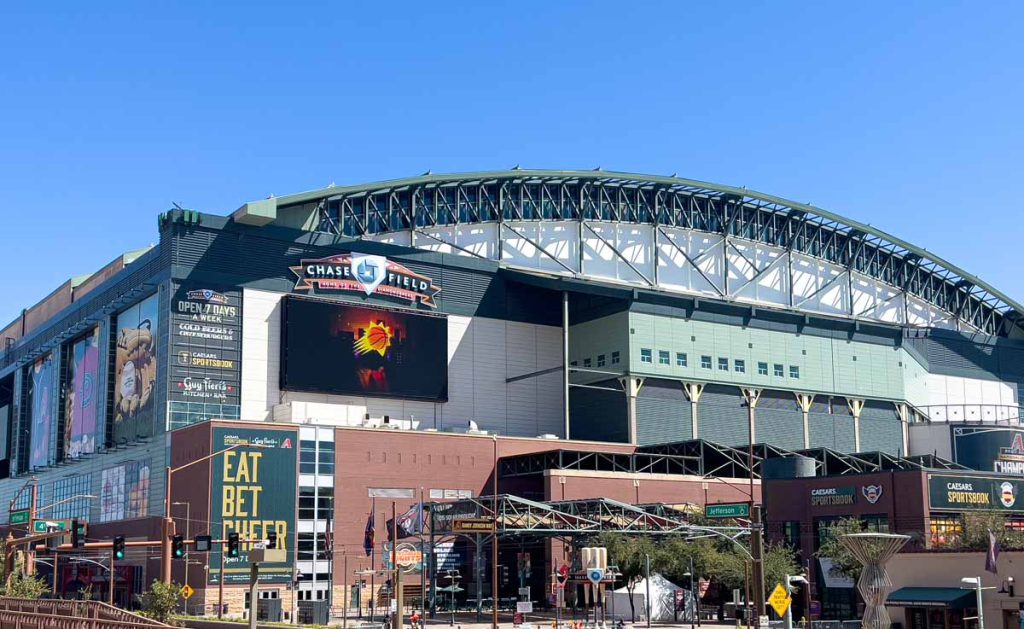 The exterior of Chase Field Stadium, the home of the Arizona Diamondbacks MLB team in Phoenix, AZ.