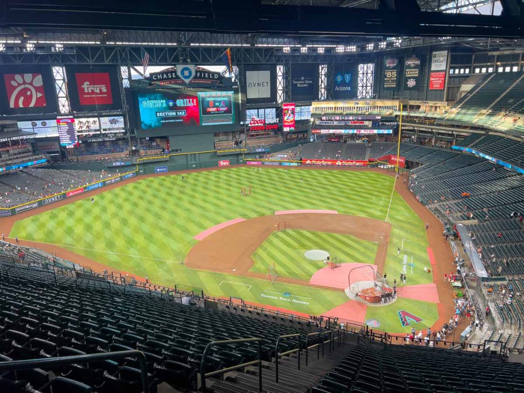 A look at the diamond from the upper decks of the Arizona D-backs stadium.