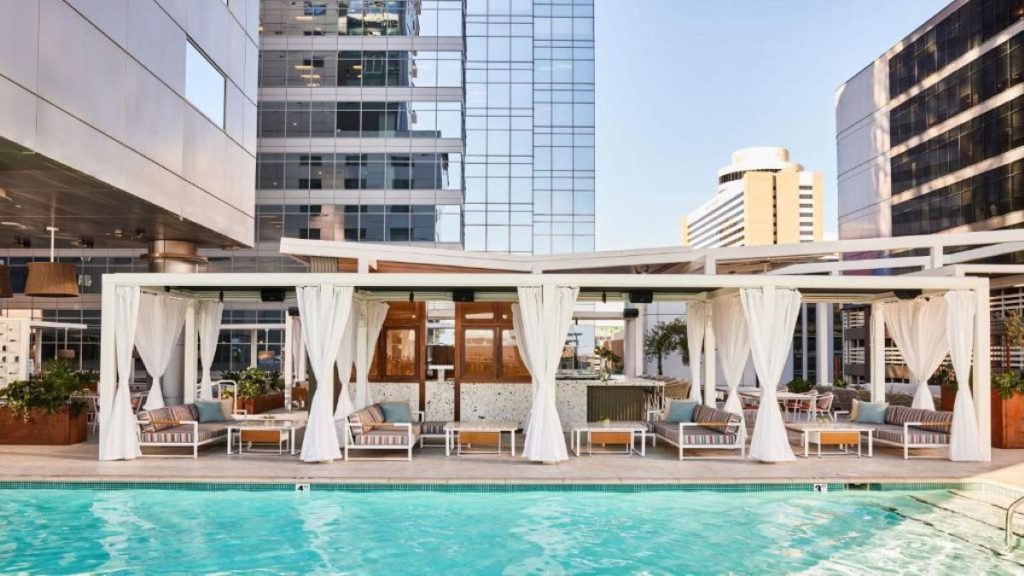 A row of poolside cabanas on the rooftop pool at the Kimpton Hotel Palomar Phoenix.