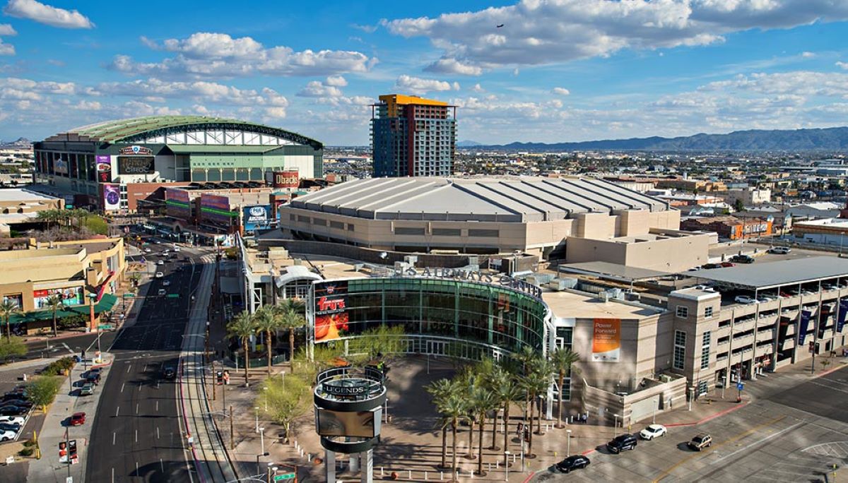 An aerial photo which showcases the close proximity of the Footprint Center and Chase Field in downtown Phoenix, Arizona.