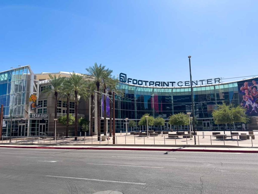 The exterior of the Footprint Center - the home of the Phoenix Suns NBA team and the Phoenix Mercury WNBA team.