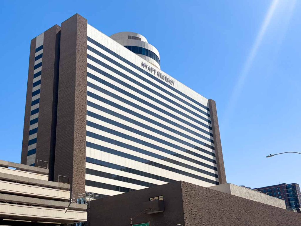 a revolving restaurant sits on top of the Hyatt Regency Phoenix hotel near Chase Field.