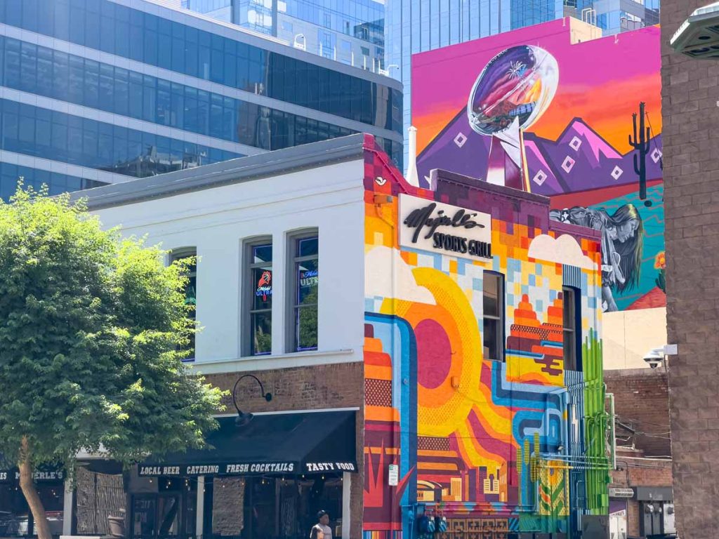 the colorful exterior of Majerle’s Sports Grill in downtown Phoenix.