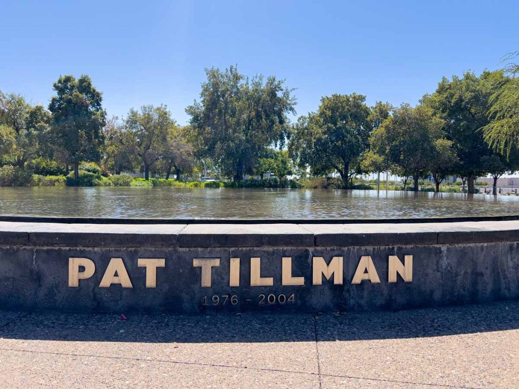 The beautiful reflection pond in the Pat Tillman Freedom Plaza outside the Arizona Cardinals stadium.