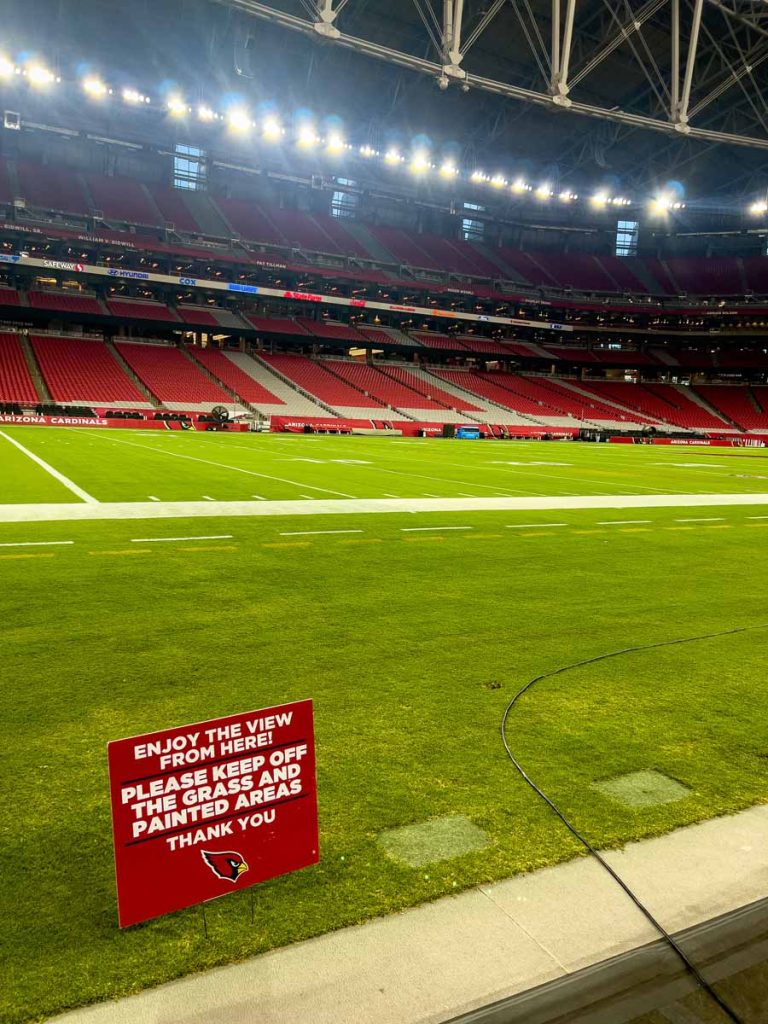 An up-close view of the real grass during a State Farm Stadium Tour the day before an Arizona Cardinals home game.